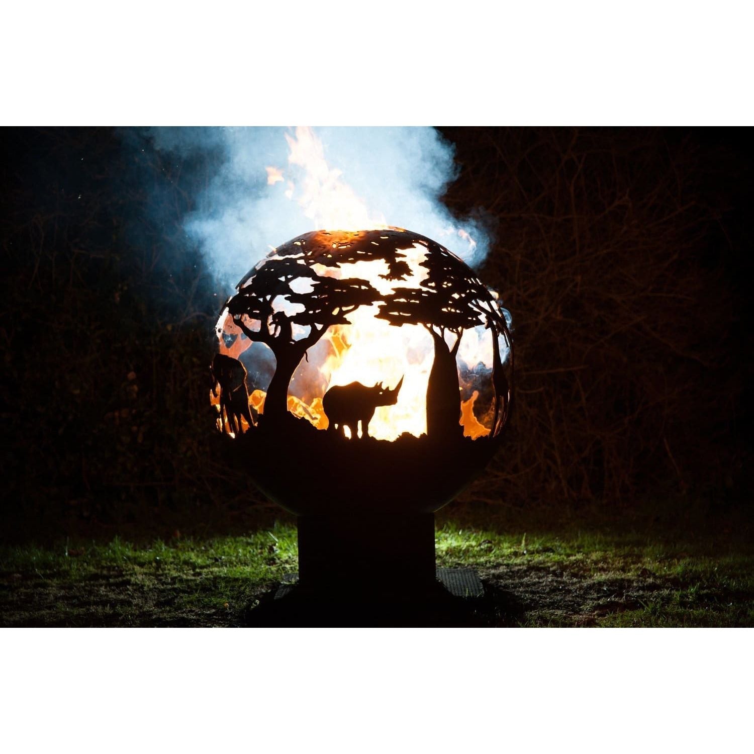 africa style fire bowl with elephants and rhinos with flames