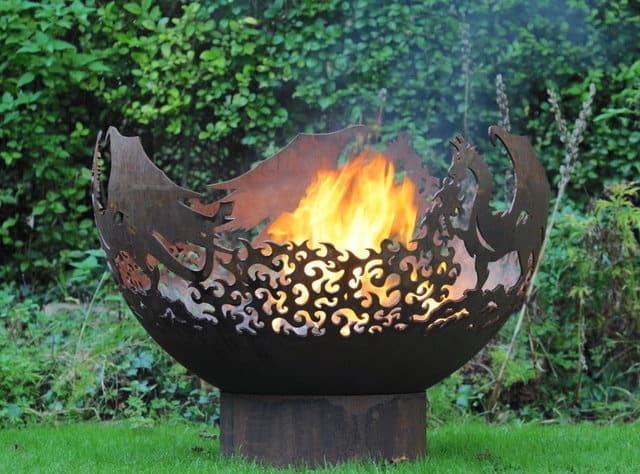 wide shot of dragon fire bowl with medium sized flames