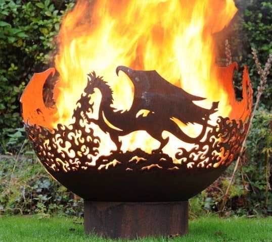 dragon bowl with fire flames in outdoor setting