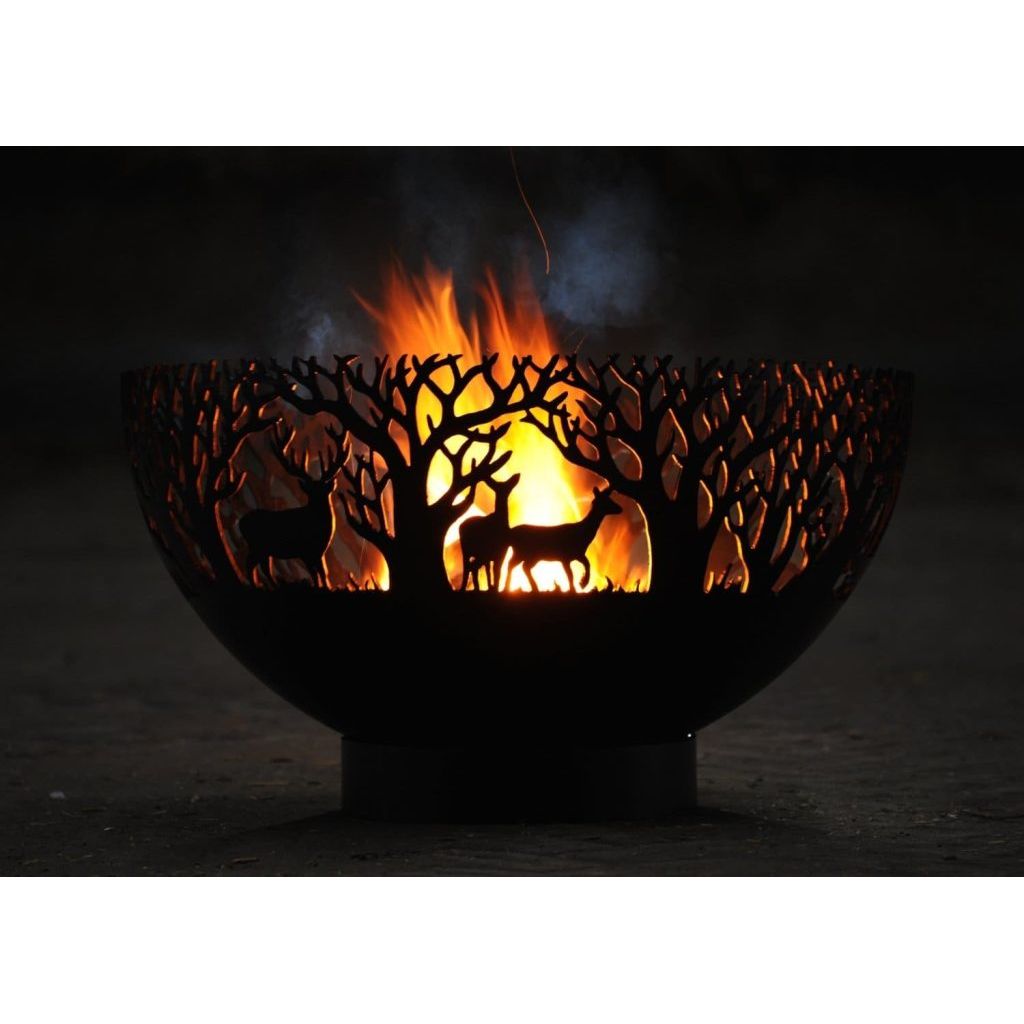 deer designed fire bowl with medium style flames at night