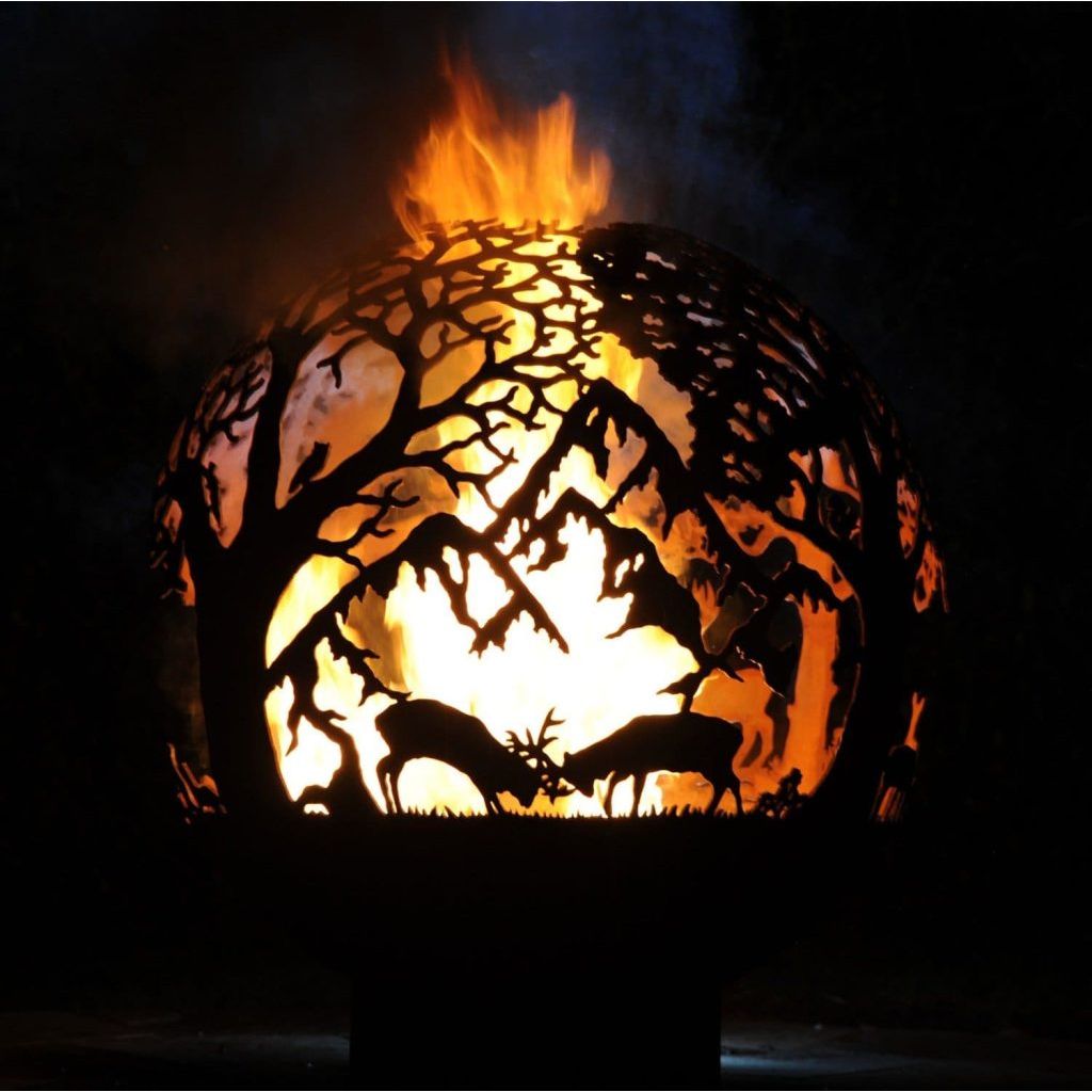 highland detailed fire bowl at night with large flames