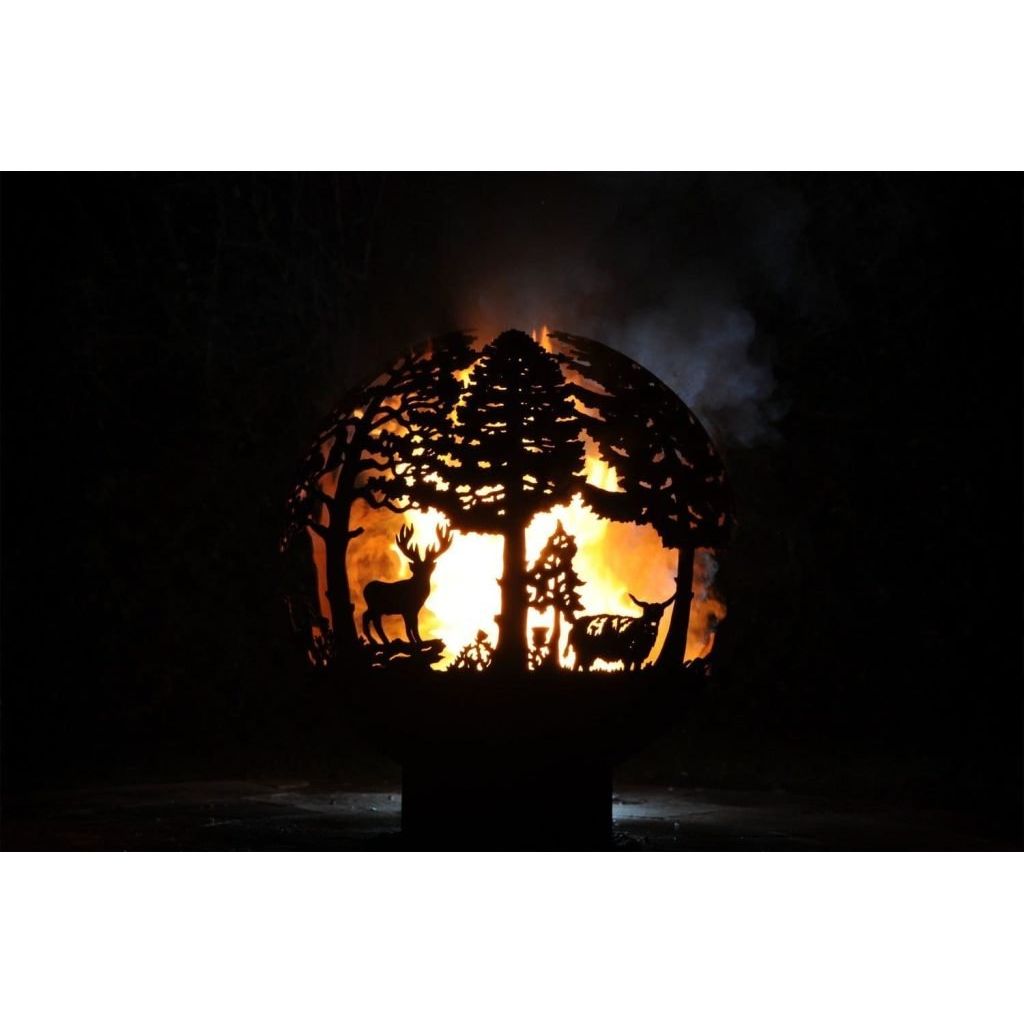 highland detailed fire bowl with deers at night