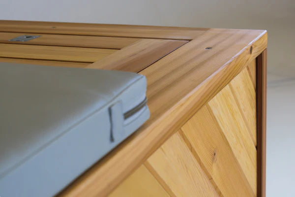 close up of wooden hot tub lid