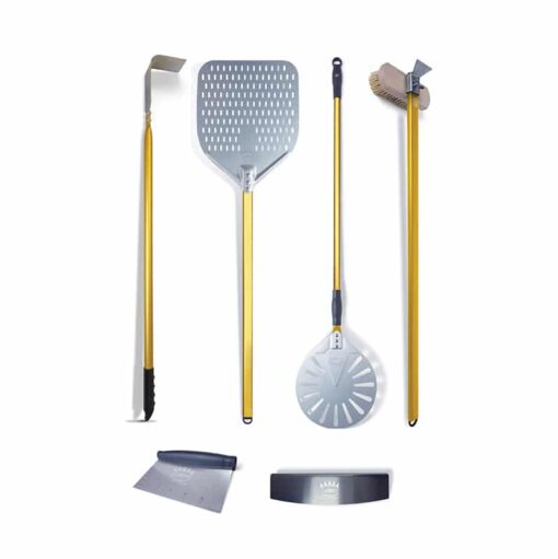 Clementi six-piece pizza oven tool bundle with peel, brush, cutter and rake