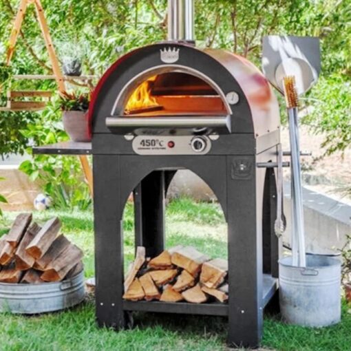 clementi pizza oven on stand outdoors