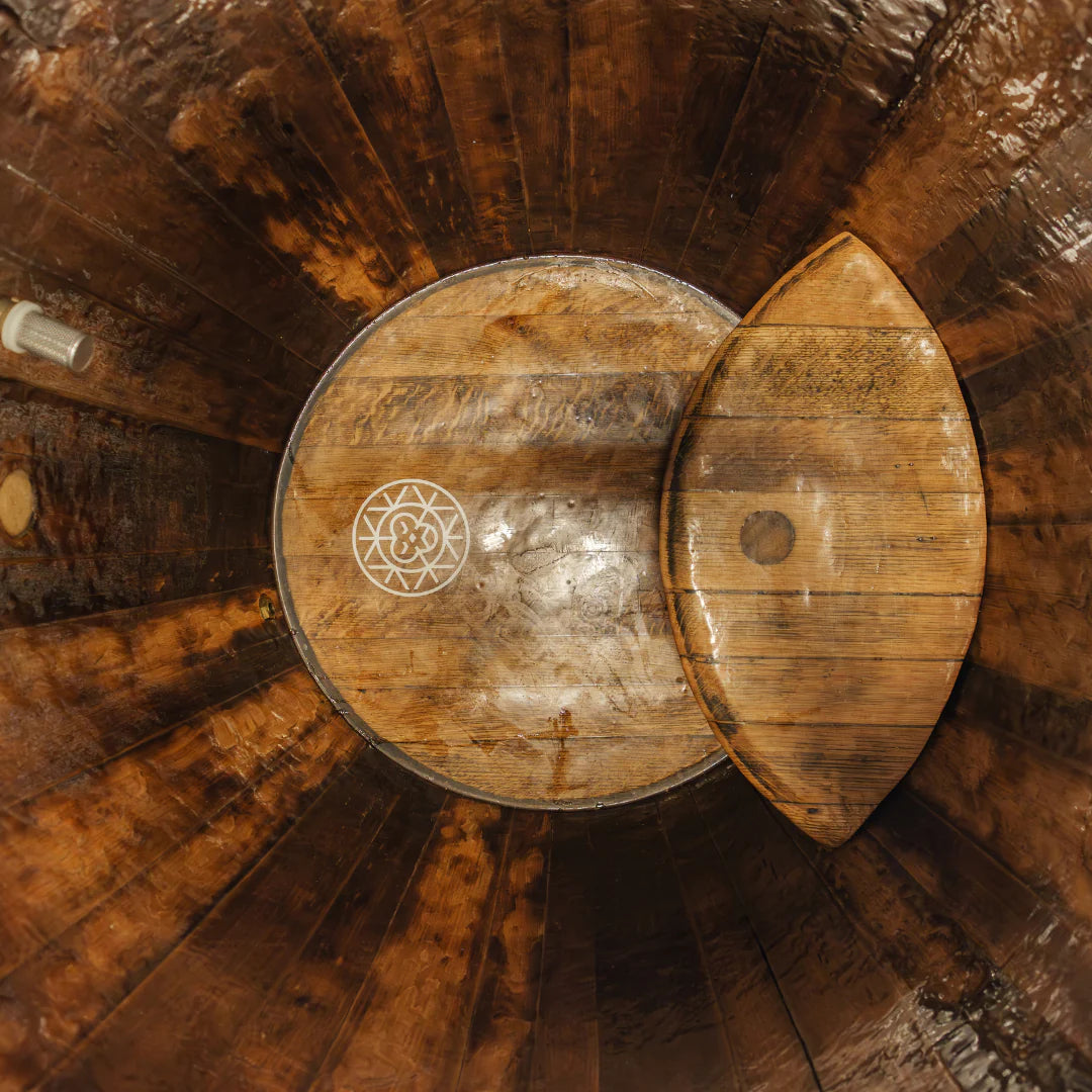 interior of cold plunge wooden barrell