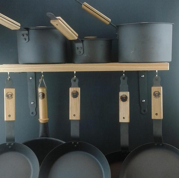 Ultimate Spun Iron Pan Set with Oak Rack - 8 Piece