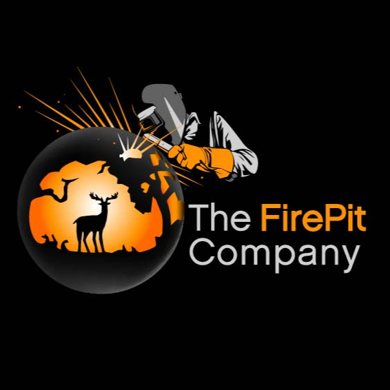 Logo of The Fire Pit Company with a silhouette of a person and deer around a fire pit on a black background.