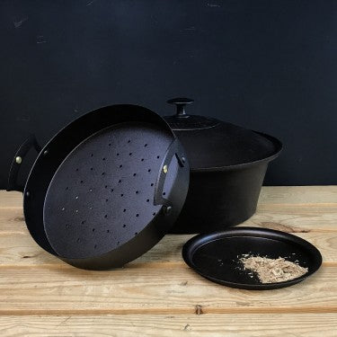 Netherton Foundry hot smoker set with lid, chip tray, and casserole bowl